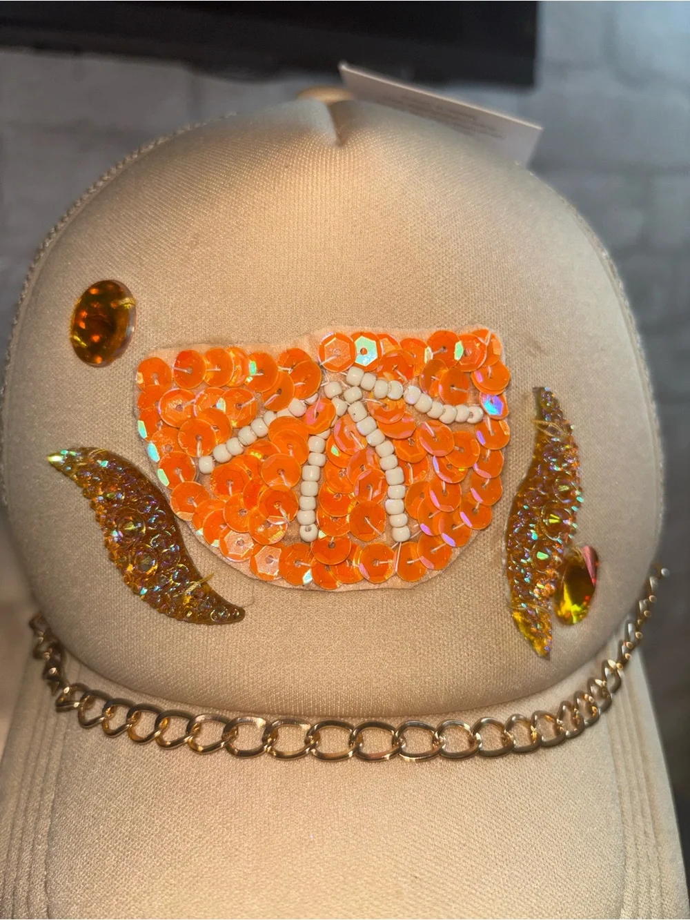 Beige Sequin, Gold Chain Embellished Trucker Cap (Handmade design).